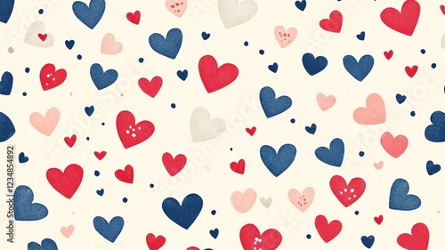 Valentine's Day pattern with cute hearts in various sizes, red and blue shades scattered across an off-white background