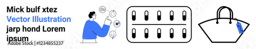 Man interacting with digital icons, blister pill pack, and a stylish handbag. Ideal for e-commerce, product design, healthcare, UIUX, branding digital marketing health trends. Flat landing page