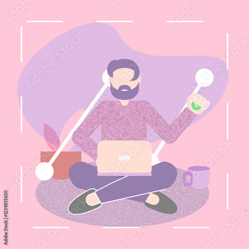 Man Working at Home. Character Sitting in Room, Looking at Computer Screen and making money online. Home Office Concept. Flat Isometric Vector Illustration.
