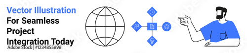 Man gesturing towards globe and interconnected icons symbolizing communication, teamwork, technology, globalization, project management, digital transformation, innovation. Ideal for tech solutions