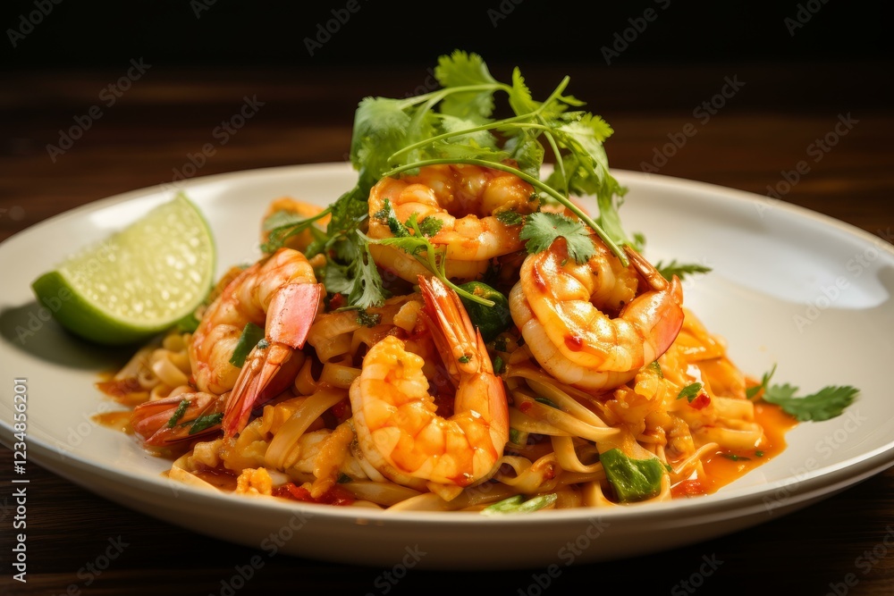 Steaming hot pad thai noodles with shrimp, fresh coriander and a wedge of lime, served on a white plate Steaming hot pad thai noodles with shrimp, fresh coriander and a wedge of lime, served on a white plate