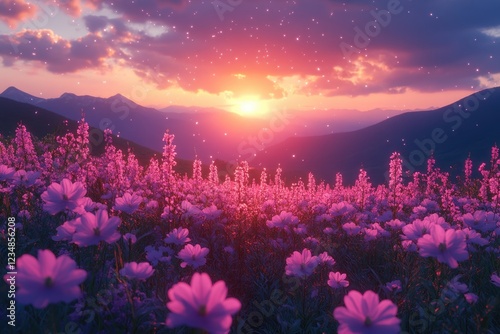 Pink flowers bloom at sunset in mountain meadow