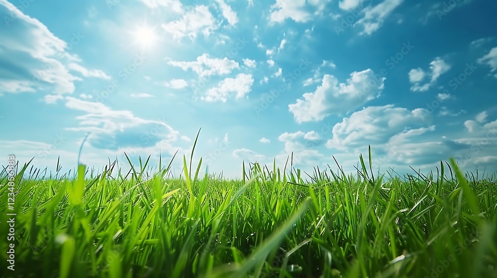 Obraz premium Green grass and blue sky with white clouds. Beautiful summer landscape.