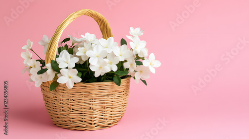 Wicker basket with white flowers on pink background with copy space