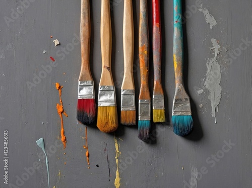 Randomly Placed Paintbrushes on a Soft Gray Surface photo