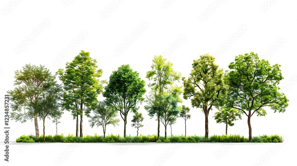 Obraz premium Trees isolated on a white background. Collection of trees in a row.