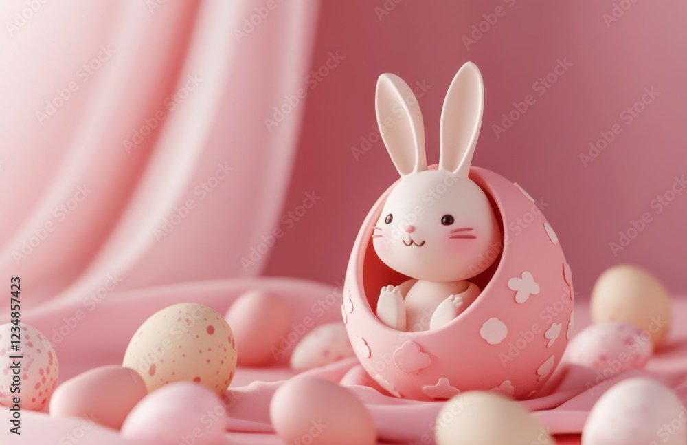 Obraz premium Cute bunny figurine in pink egg surrounded by colorful eggs