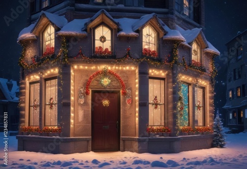 Christmas lights and decorations on a snowy building facade, magical, holiday photo