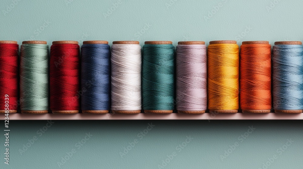 Macro Shot of Colorful Spools of Thread Arranged Neatly on a Cream-Colored Shelf, Transitioning from Maroon Red, Orange, Light Yellow, Light Green, Blue, Sea Green, Light Purple, to Beige Macro Shot of Colorful Spools of Thread Arranged Neatly on a Cream-Colored Shelf, Transitioning from Maroon Red, Orange, Light Yellow, Light Green, Blue, Sea Green, Light Purple, to Beige