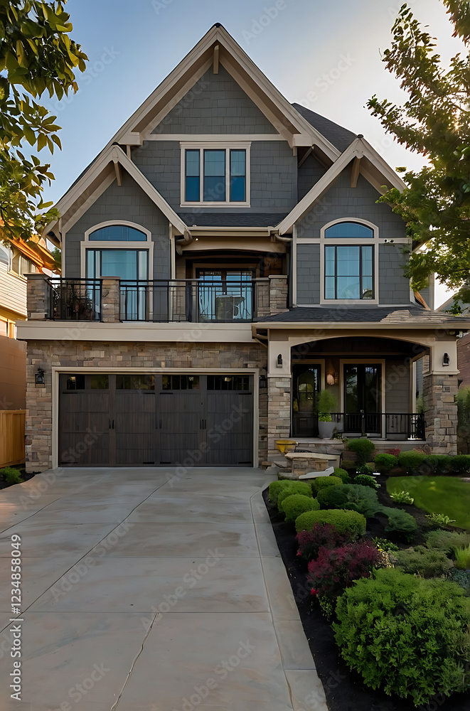 Luxury Modern Home Exterior: Gray Siding, Stone Accents, and Landscaped Yard Luxury Modern Home Exterior: Gray Siding, Stone Accents, and Landscaped Yard