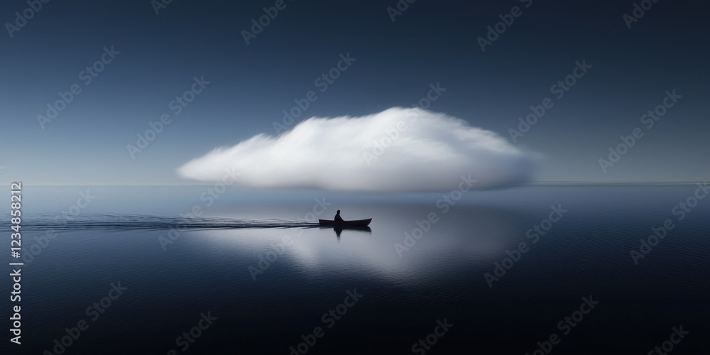 Serene boat journey under dreamy cloud tranquil ocean landscape calm waters wide angle visual metaphors Serene boat journey under dreamy cloud tranquil ocean landscape calm waters wide angle visual metaphors