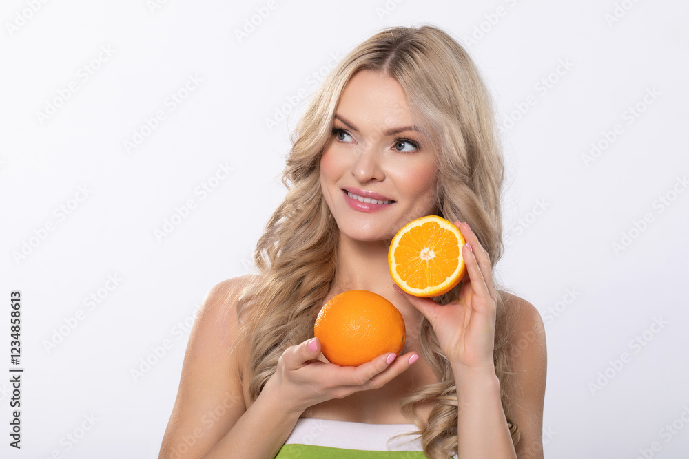 A Woman Holding Fresh Oranges in a Bright and Cheerful Studio Setting Full of Color A Woman Holding Fresh Oranges in a Bright and Cheerful Studio Setting Full of Color
