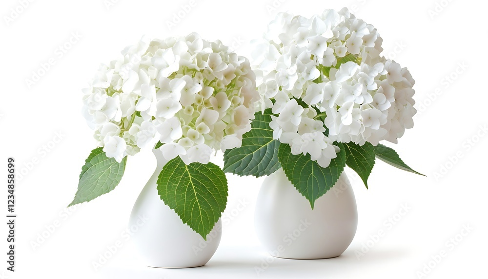 White hydrangea flowers in vases isolated on white background White hydrangea flowers in vases isolated on white background