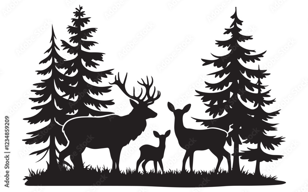 Silhouette Forest Scene with Deer Family and Pine Trees Silhouette Forest Scene with Deer Family and Pine Trees