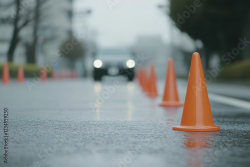 Car training exercise with traffic cones on a rainy street in the city photo