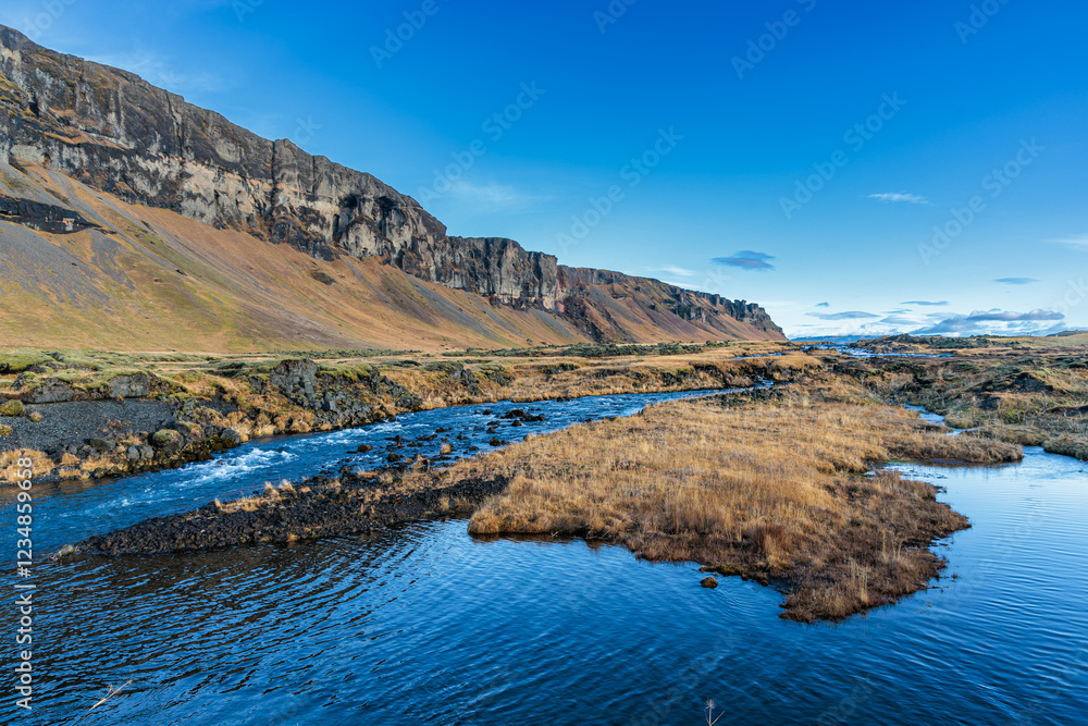 The landscape around Orustuholl (Battle Hill) and the Fossalar River.in Iceland.