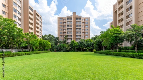 Wallpaper Mural Green Lawn Between Beige Apartment Buildings Under Partly Cloudy Sky Torontodigital.ca