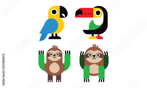 A collection of vector tropical animals with clean lines and vivid colors. There is a parrot with a bright green body and a yellow head. The parrot is wearing