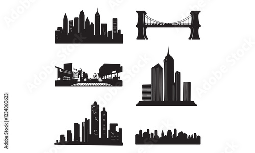 New York City-inspired silhouettes on a white background. The first silhouette is a skyline with multiple skyscrapers, some with pointed tops. The second is a stylized bridge