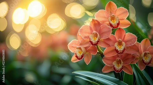 Orange orchids blooming in garden with bokeh sunset light