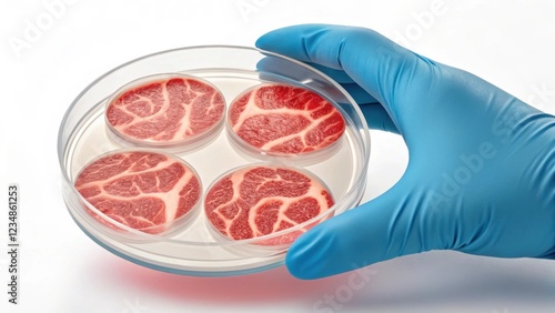 Scientist wearing blue gloves holds a petri dish containing four samples of lab grown meat, showcasing the advancements in cellular agriculture and alternative protein sources photo