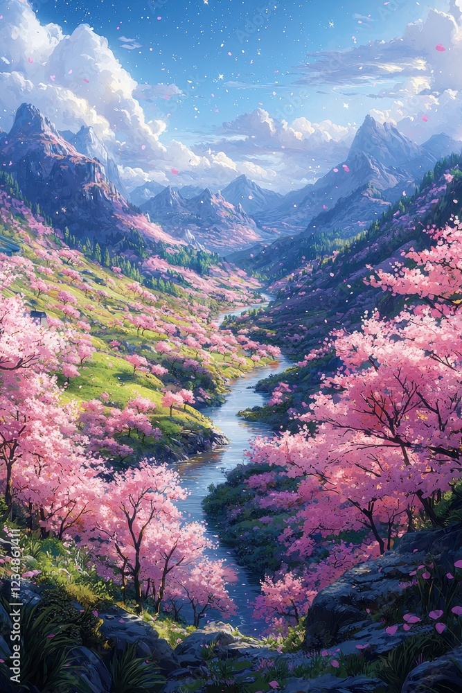 Serene Mountain Valley with Blooming Cherry Trees Serene Mountain Valley with Blooming Cherry Trees