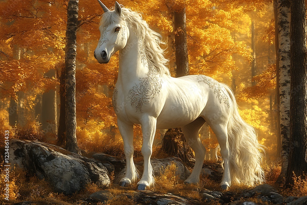 Ornate Unicorn Stands in Autumnal Forest Ornate Unicorn Stands in Autumnal Forest