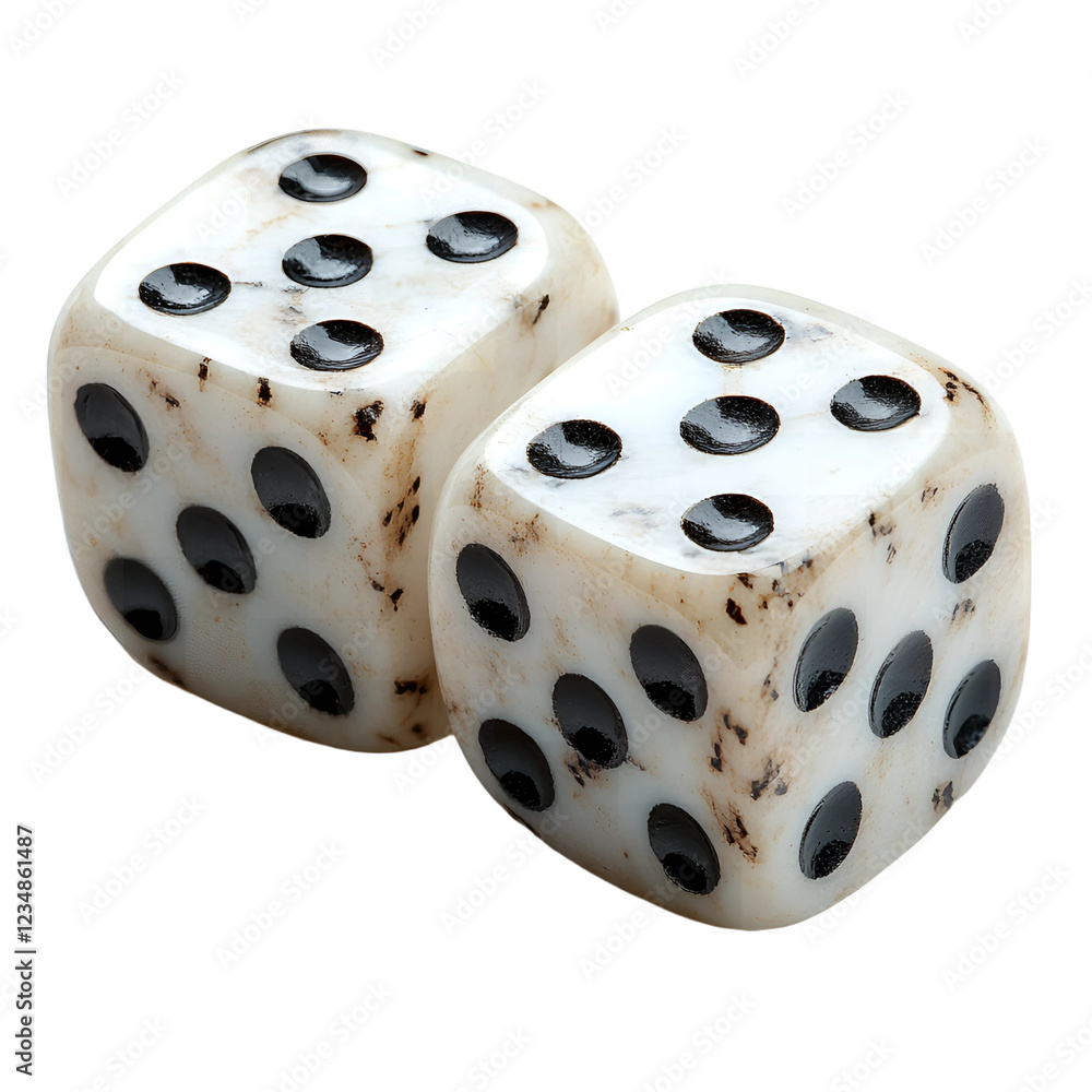 Close up of two aged white dice with black dots transparent background gambling concept Close up of two aged white dice with black dots transparent background gambling concept
