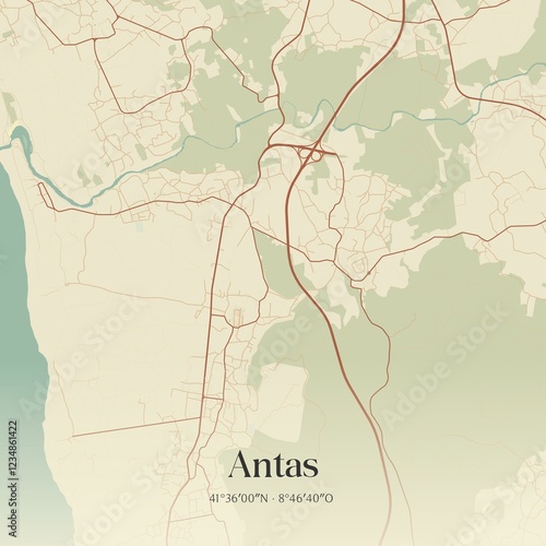 Vintage map of Antas, Portugal. 