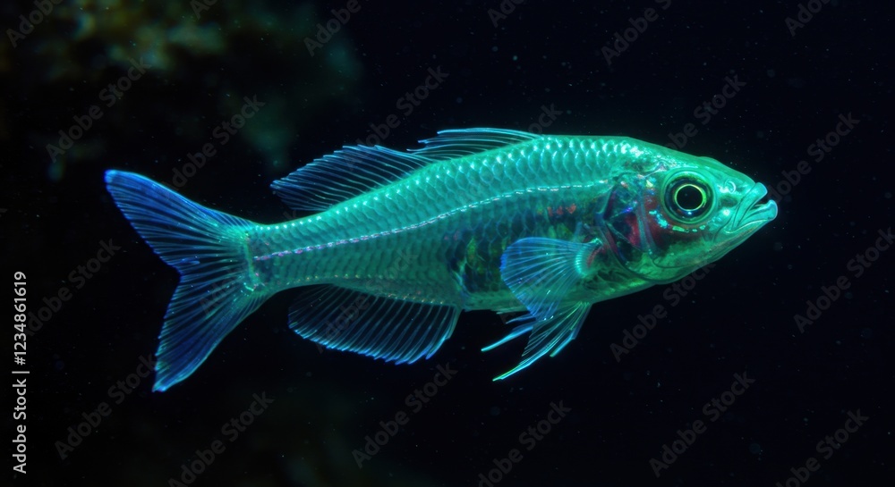 Vibrant underwater scene featuring a translucent fish swimming gracefully Vibrant underwater scene featuring a translucent fish swimming gracefully