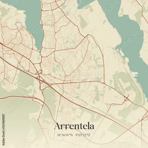 Vintage map of Arrentela, Portugal.  photo