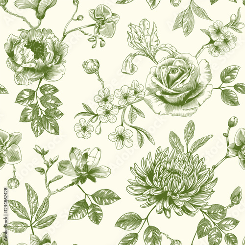 Abstract modern floral seamless pattern with hand drawn flower in Toile de jouy style. Retro elegance repeat print. Vintage design for fabric, wallpaper or wrapping