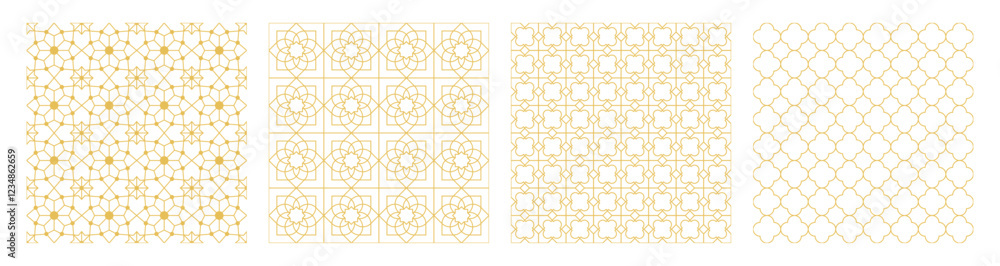 Collection of Arabic geometric mosaic printable seamless pattern with abstract Moroccan print in gold colors. Ramadan Kareem Traditional Islamic art Illustration background Collection of Arabic geometric mosaic printable seamless pattern with abstract Moroccan print in gold colors. Ramadan Kareem Traditional Islamic art Illustration background