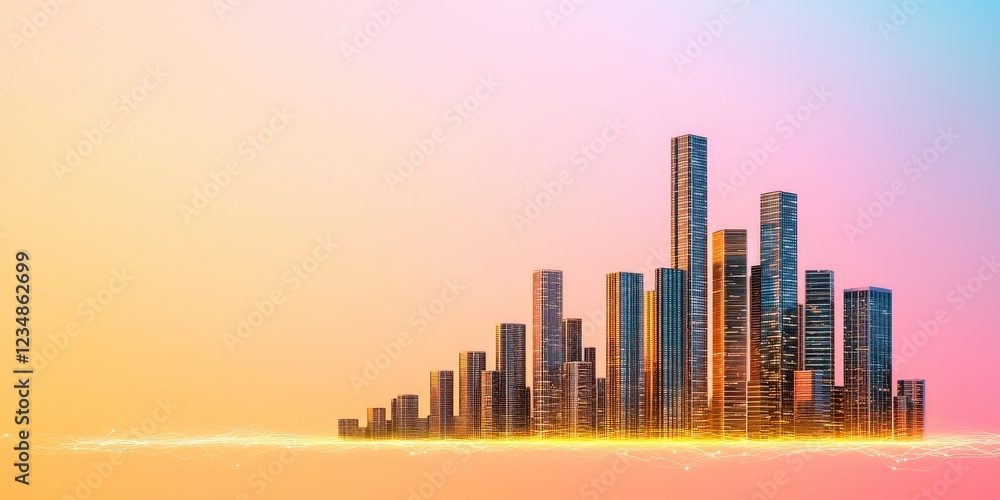 Obraz premium Illuminated Cityscape at Sunset Pastel Sky, Golden Lights, and Skyscrapers
