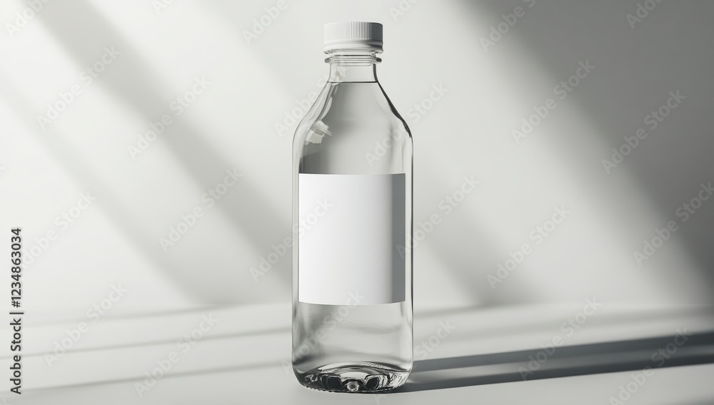 Fototapeta premium A mockup of an empty white label on the front of a water bottle, on a light gray background