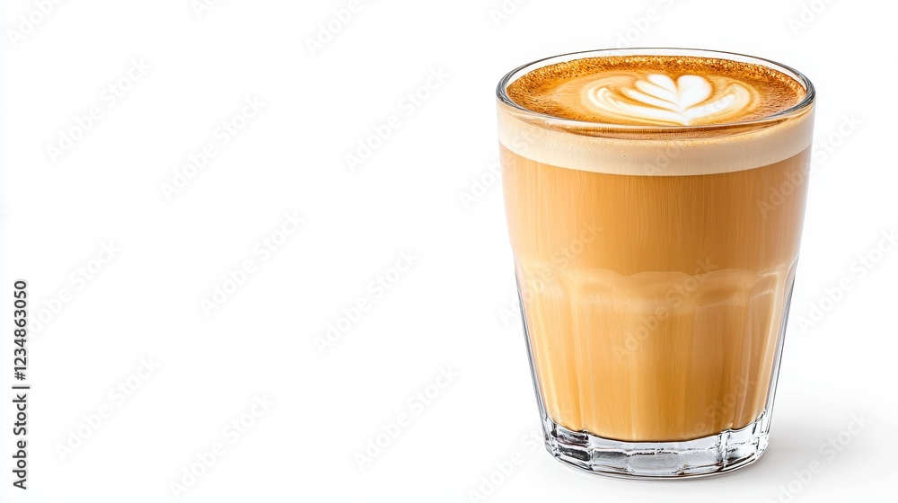 Latte With Leaf Design In Clear Glass Against White Background Latte With Leaf Design In Clear Glass Against White Background