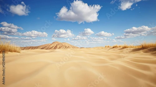 Sunny desert landscape with sand dunes and fluffy clouds under a vibrant blue sky, depicting a serene outdoor scene.