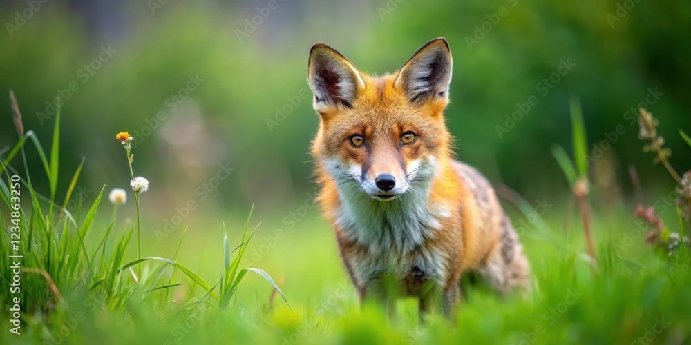 A red fox with a curious gaze stares intently from the lush green grass, its orange fur blending seamlessly with the vibrant foliage. A red fox with a curious gaze stares intently from the lush green grass, its orange fur blending seamlessly with the vibrant foliage.