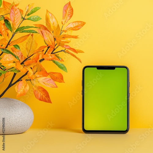 Lime Green Smartphone Screen Mockup with Autumn Leaves and Yellow Background
