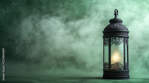 Ornate Lantern with Soft Candlelight Glow on a Moody Green Background photo