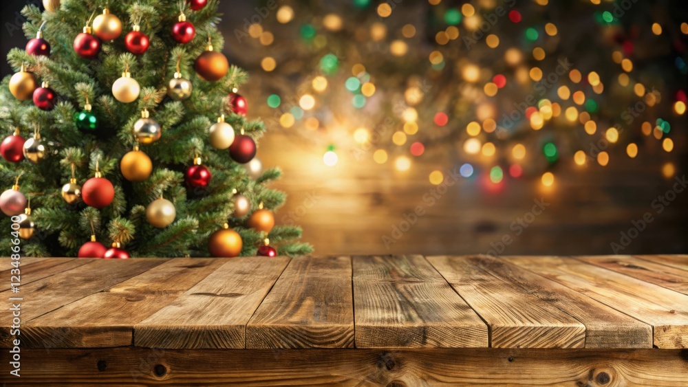 A Rustic Wooden Tabletop with a Blurred Christmas Tree and Festive Lights in the Background A Rustic Wooden Tabletop with a Blurred Christmas Tree and Festive Lights in the Background