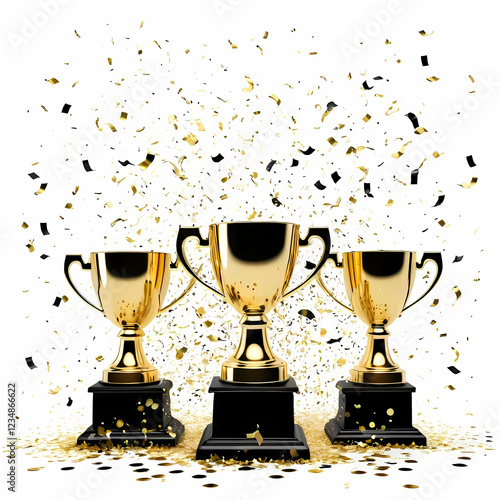 Three Gold Trophies with Black Bases Surrounded by Falling Confetti on a White Background, Symbolizing Celebration
