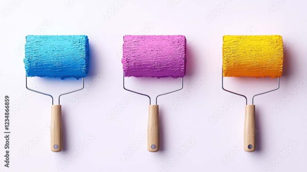 Obraz premium Four Colorful Paint Rollers in Blue, Purple, Pink, and Yellow Lined Up with Textured Paint Streaks on a Transparent White Background, Featuring Wooden Handles and Silver Metal Structures