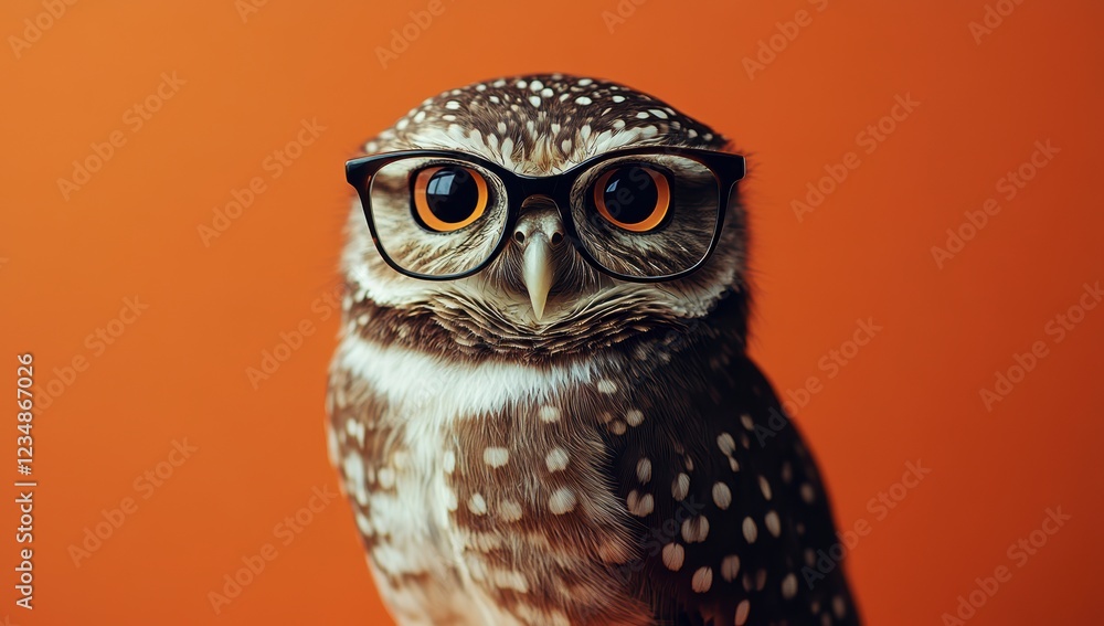 Obraz premium A photograph of an owl wearing red glasses, against an orange background
