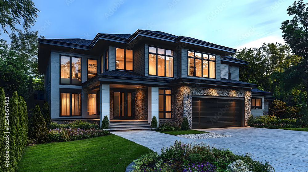 A large blue house with a white trim and a black roof. The house has a large front porch and a driveway. The house is surrounded by a lush green lawn and a garden with flowers A large blue house with a white trim and a black roof. The house has a large front porch and a driveway. The house is surrounded by a lush green lawn and a garden with flowers