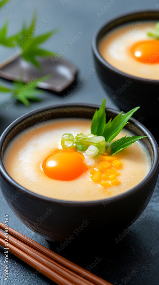 Delicious creamy egg dish served in black bowls. Delicious creamy egg dish served in black bowls.