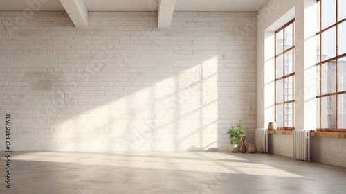 bright empty loft space with white brick wall and large windows