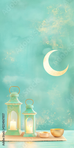 Cute ramadan background with unique sage lantern on prayer's rug, and moon in the wall