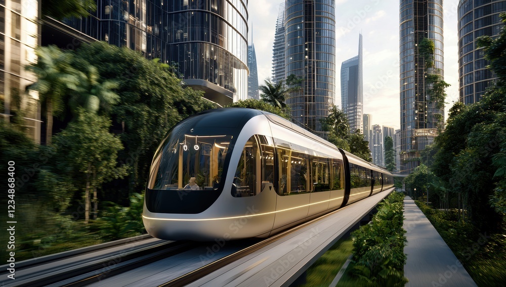 Fototapeta premium A futuristic electric train is driving through the city, surrounded by tall buildings and lush greenery, showcasing futuristic technology and environmental protection.