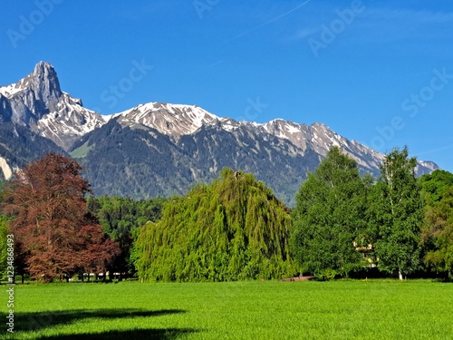 Swiss green mountains, spring. Snowy mountains in spring. Green hills. The Swiss mountains.